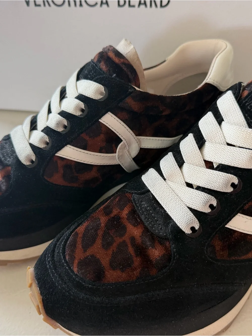 Veronica Beard Valentina Black and Leopard-Print Sneakers Size 8, New